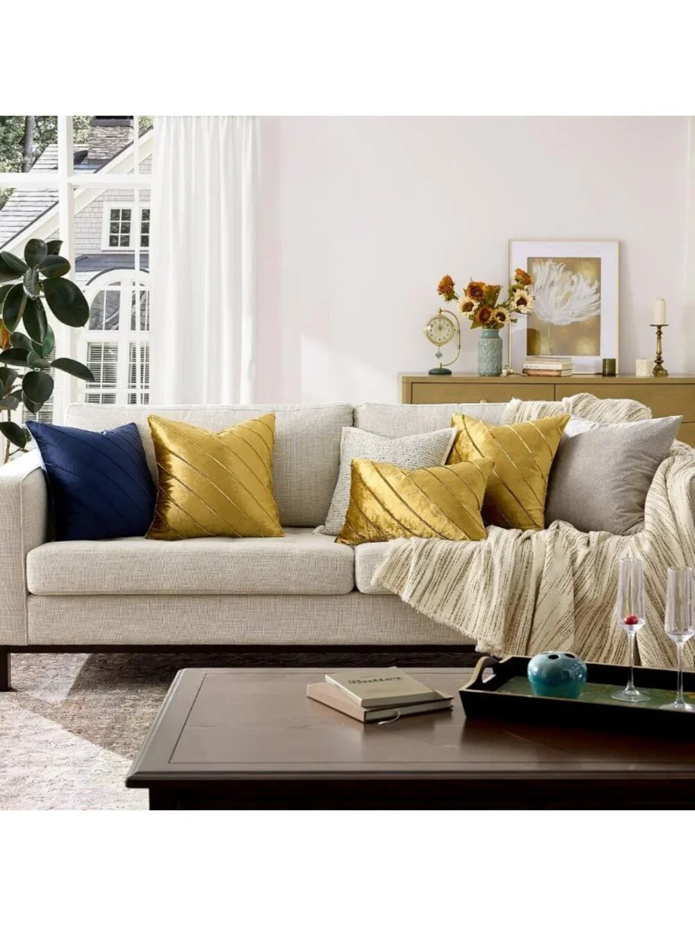 Decorative Velvet Pillow Covers Set of 2, 18x18 Gold Stripe Throw Pillows for